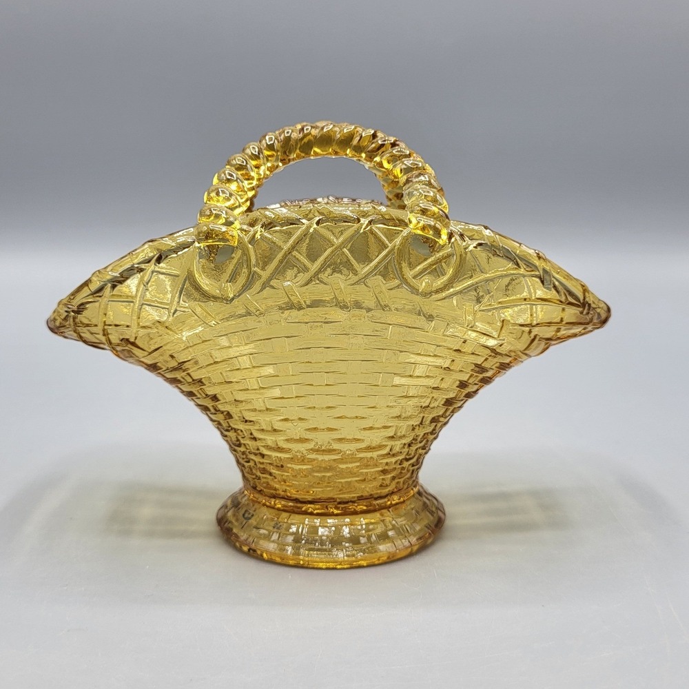 Vintage Westmoreland Amber Glass Basketweave Basket Twisted Handle Yellow Gold